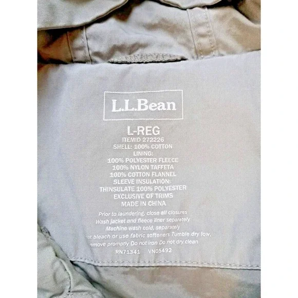 LL Bean Coat L 2-in-1 Hooded Army Green Fleece Removable Liner Drawstring Waist - Picture 3 of 12